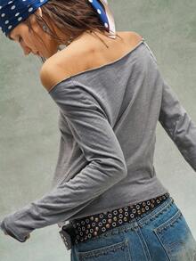 Bohemela Camiseta de manga larga con cuello de barco de punto de unicolor casual para mujer - Gris - Ver 7