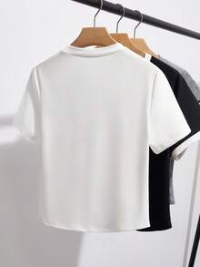 Resyla 女士修身鱼骨纹T恤，夏季新款，时尚短袖T恤，纯色，百搭，经典白色，适合户外、休闲、学生、通勤、购物等场合。 - 白色 - 查看 2