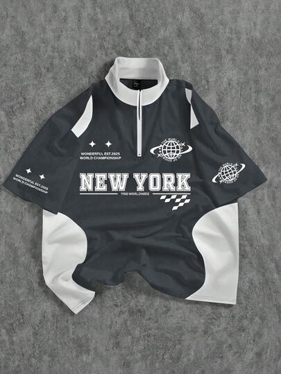 PAVTROS Men's Letter Print Short Sleeve Casual Commuter Polo Shirt