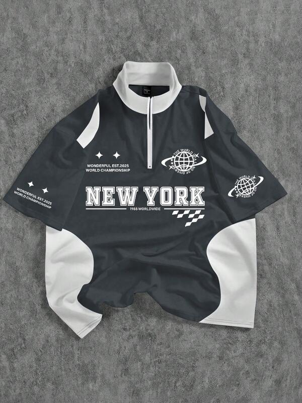 PAVTROS Men's Letter Print Short Sleeve Casual Commuter Polo Shirt