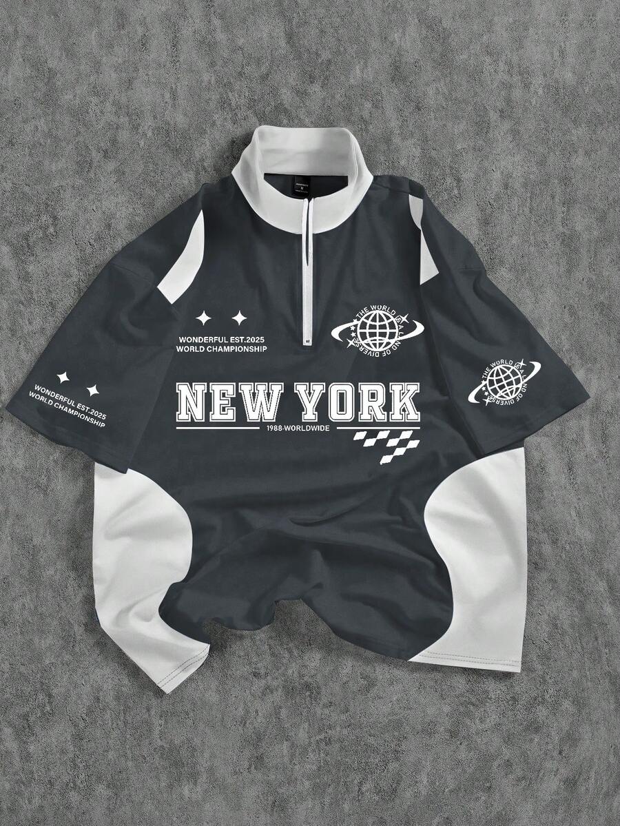 PAVTROS 男士字母印花短袖休闲通勤 Polo 衫 - 彩色 - 查看 1