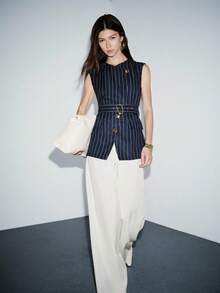 Lumivelle Women's Navy Blue & White Striped Sleeveless Cropped Top With Metal Buckle Waist Belt, Minimalist Design, Slim Fit, Commuter Style - Navy Blue - View 7