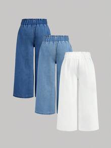 SHEIN 3pcs/Set Girls' Loose Fit Dark Blue, Medium Blue, Light Blue Denim Pants - Multicolor - View 2