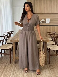 Weeklong Bộ áo liền quần nữ cỡ lớn tay cánh dơi nhún bèo với cúc bấm ở eo, kiểu dáng thường ngày. - màu nâu - Xem 7