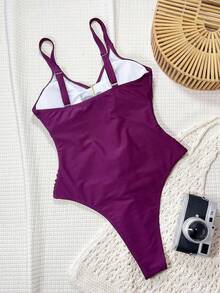 Swim SXY Summer Black Thick Strap Hollow Metal Twist Ring Decor Casual Beach Bikini One-Piece Swimsuit For Women - Purple - View 2