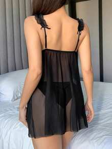 DAZY 2pcs Set Sheer Mesh Ruffle Bow Decor Front Open Nightgown & Lingerie Panty Sexy Sleepwear For Going Out - Black - View 2