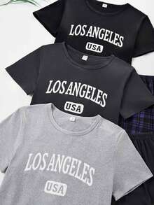 3件套青少年男童简约字母印花短袖T恤+短裤睡衣套装，黑+白+灰 - 彩色 - 查看 6