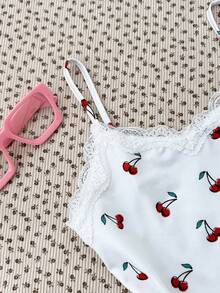 SHEIN 少女可爱樱桃印花蕾丝V领吊带背心+睡裤套装，柔软舒适 - 彩色 - 查看 3