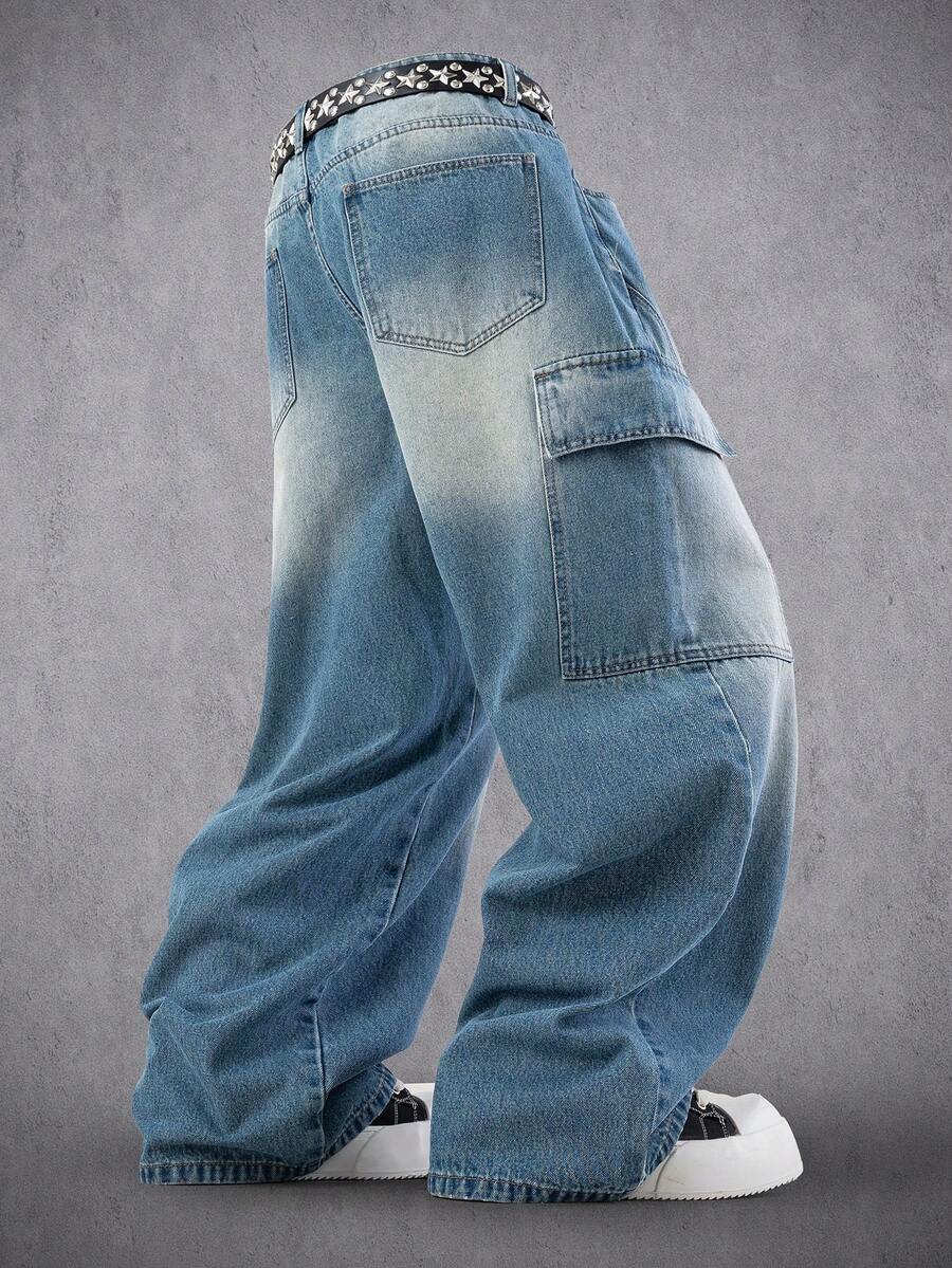 Manfinity Denimwave 男女皆宜的复古水洗宽松阔腿牛仔裤 - 中等水洗藍 - 查看 1