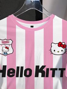 HELLO KITTY AND FRIENDS | SHEIN 女士字母条纹印花圆领短袖T恤 - 白色 - 查看 5