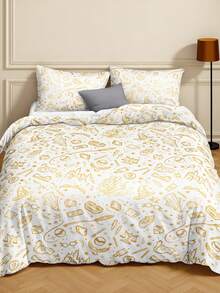 HARRY POTTER X SHEIN 3Pc Bronzing Pattern Quilt Cover Set, White Quilt Cover, Comfortable And Soft, Warm And Machine Washable, Suitable For Single Bed/Double Bed/Queen Bed/King Bed, Dormitory/Home