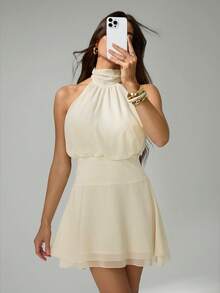 SHEIN Tall Women's Sexy & Elegant Halter Neck Chiffon Waist Ruched Dress With Bowknot Tie Back Ivory Dress Halter Neck Dress Creme Dress Asymmetrical Dress One Shoulder Dress Bow Back Dress - Beige - View 2