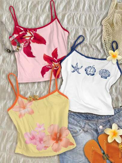 Attitoon 3pcs Women's Colorblock Camisole Top With Watercolor Seashell, Lily Flower Print, Suitable For Summer Vacation Spring