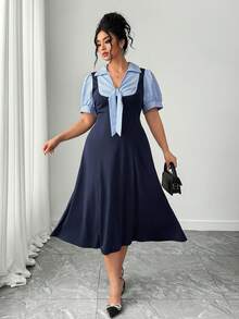 Elenzga Plus Size Fashionable Commuter Striped Shirt Dress - Multicolor - View 6