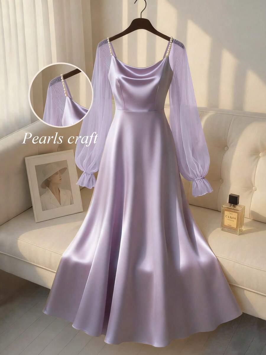 Franclia Women's Elegant Satin Pearl Decor Long Sleeve A-Line Dress, Suitable For Commuting, Parties And Events - Mauve Purple - View 1
