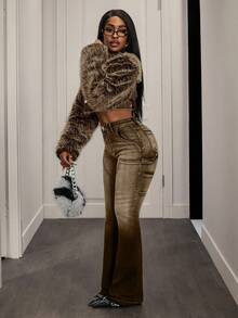 Slaydiva 女士拼接仿毛皮饰边单排扣短款牛仔外套 - 棕色 - 查看 5