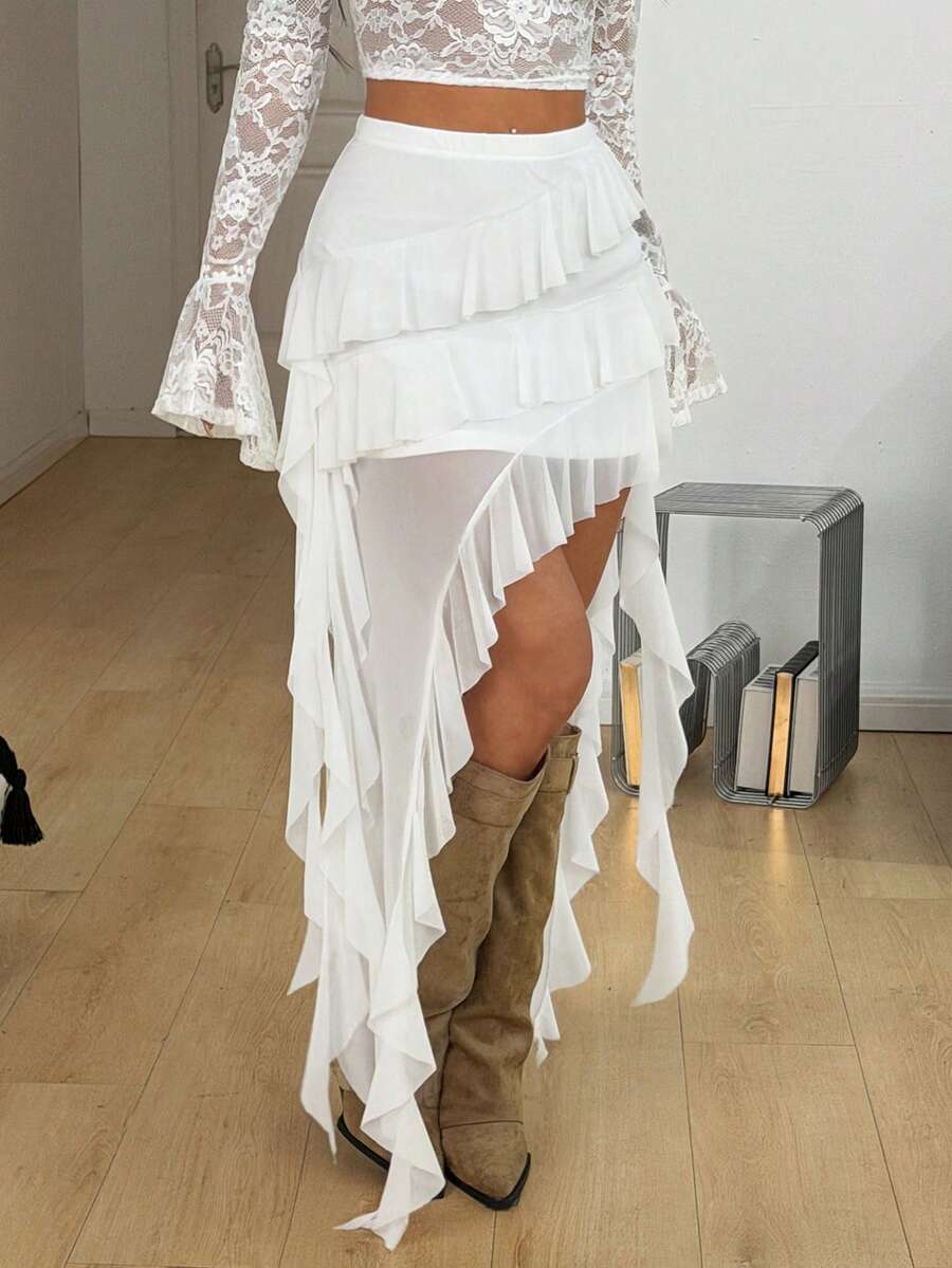 Coolane 女士夏季音乐会服装街头风度假装扮波西米亚Y2K乡村音乐会辣妹蕾丝不对称荷叶边流苏白色低腰长裙 - 白色 - 查看 1