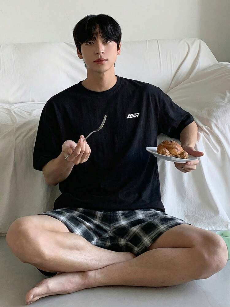 Men's Summer Multi-Color T-Shirt And Plaid Pants Pajama Set