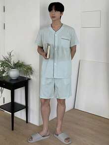 DAZY Conjunto de pijama de camisa de manga corta y pantalones cortos de verano para hombre - Verde - Ver 1