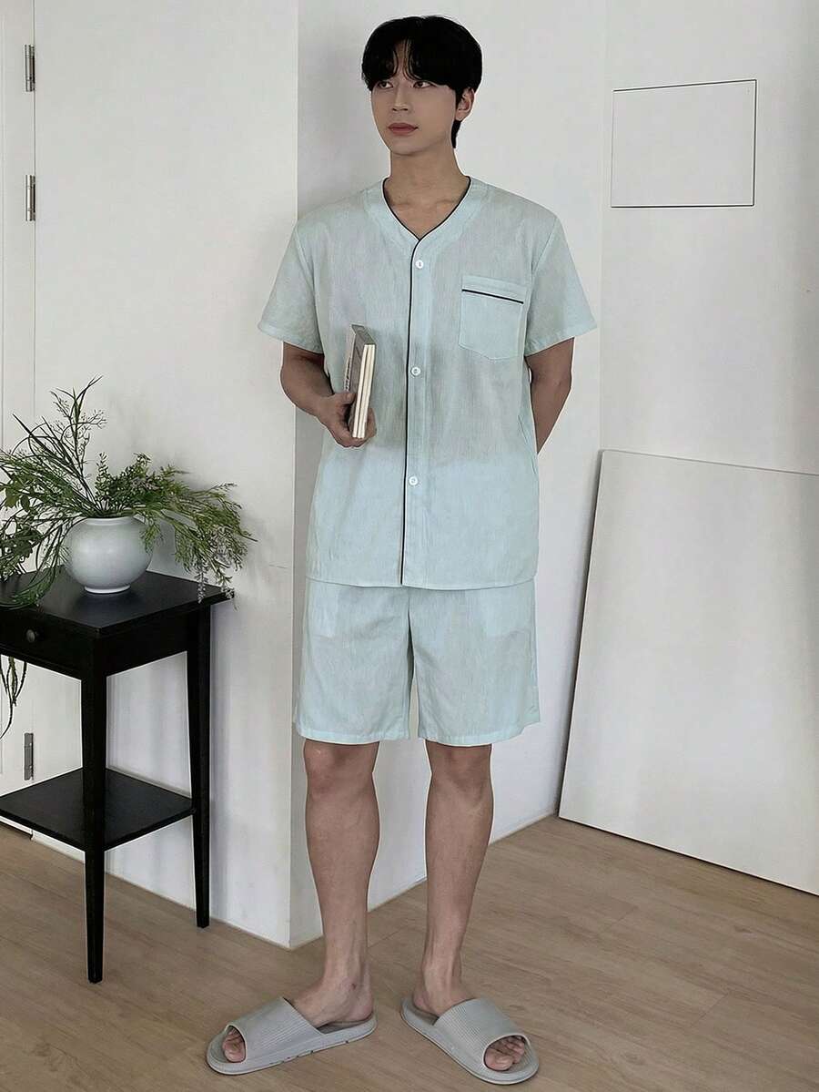 DAZY Conjunto de pijama de camisa de manga corta y pantalones cortos de verano para hombre - Verde - Ver 1