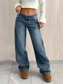 SHEIN Petite CASUAL LOW WAIST BAGGY LOOSE STRAIGHT LEG JEAN - Dusty Blue - View 7