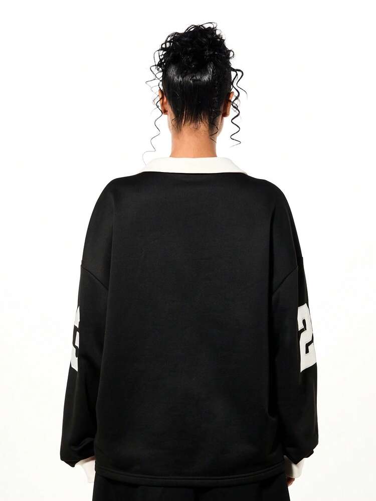 SUMWON WOMEN Oversized Graphic Rugby Polo With Contrast Collar