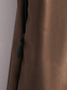 Franclia 优雅时尚短款褶裥可调节系带双层侧边隐形拉链PU皮酒红色女裙，秋冬款 - 咖啡棕 - 查看 3