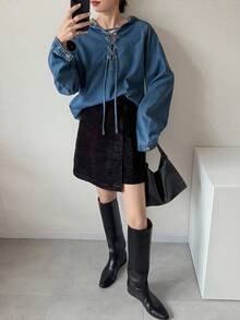 FRIFUL Women's Casual Washed Criss-Cross Hooded Denim Top - Blue - View 4