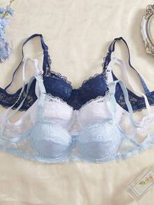 DesireSculpt 3pcs/Set Women's Minimalist Underwire Bra, Sexy Lace Romantic French Style Lingerie - Multicolor - View 6