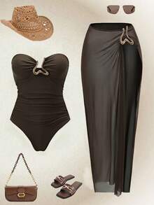 Swim Oasis 女士优雅不对称金属抹胸上衣和半裙套装 - 棕色 - 查看 1