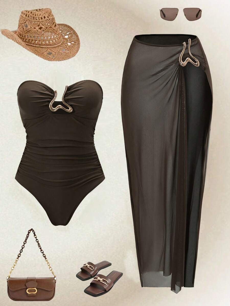 Swim Oasis 女士优雅不对称金属抹胸上衣和半裙套装 - 棕色 - 查看 1