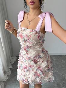 Elenzga Đầm in họa tiết hoa 3D kiểu Pháp cổ điển, thiết kế mới mùa xuân/hè, chất liệu satin, cổ vuông, thắt nơ, dáng chữ A ngắn, trẻ trung, thích hợp cho hẹn hò, thanh lịch, độc đáo và đẹp mắt dành cho nữ. - Nhiều màu - Xem 2