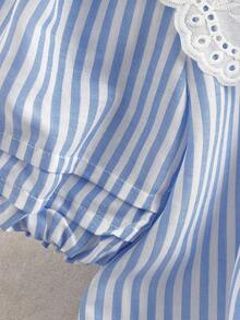 Franclia 条纹法式复古衬衫 - 大蕾丝刺绣镂空领+泡泡袖，门襟荷叶边青春设计，舒适梭织面料 - 藍色 - 查看 5