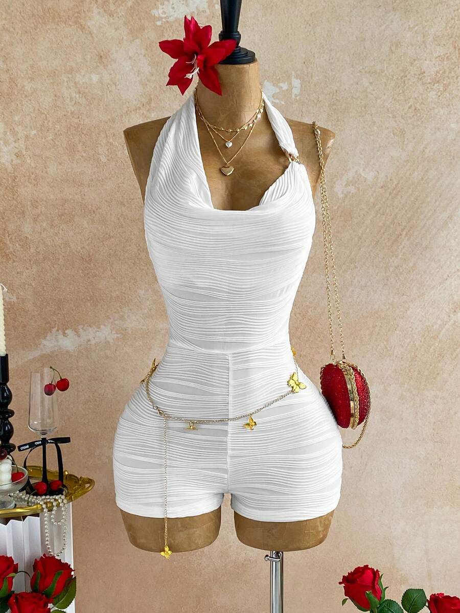 Soleia 新款深棕色针织连体衣，深V领金属装饰，适合派对、万圣节、新年、音乐节、舞会、返校季等场合。 - 白色 - 查看 1