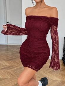 SHEIN EZwear Đầm ngắn ren trễ vai màu đỏ tía gợi cảm mới dành cho nữ, mùa xuân/hè. - Màu Đỏ Sâu - Xem 5