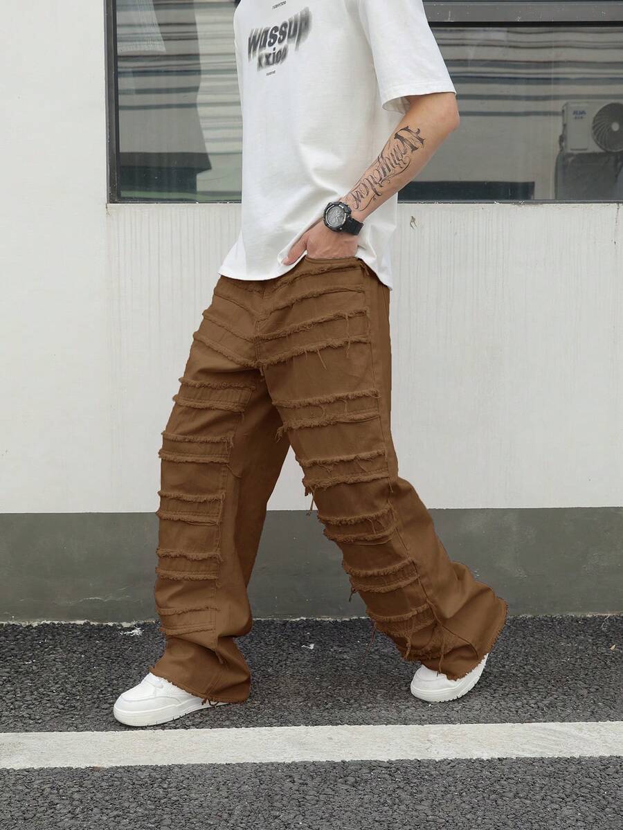 Manfinity ZONE917 Men's Solid Color Frayed Edge Slant Pocket Casual Versatile Jeans - Brown - View 1