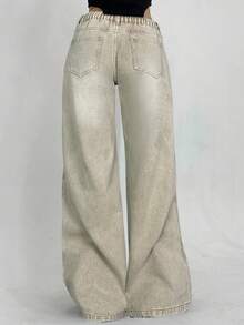 SHEIN Quần jean denim dáng rộng kiểu vintage dành cho các bé gái tuổi teen - Màu Khaki - Xem 2