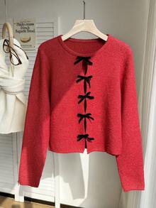 SHEIN EZwear Plus Size Women Butterfly Decor Hollow Design Long Sleeve Fashionable Pullover Sweater In Fall/Winter - Red - View 3