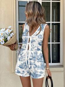 Easowa 两件套女士水墨花卉仙鹤印花系带露脐上衣和短裤套装，性感度假装，适合春夏穿着 - 彩色 - 查看 6