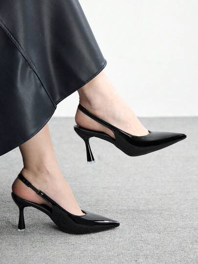 CUCCOO BIZCHIC 女士尖头高跟黑色无后跟浅口鞋，简约通勤及日常穿着的套脚式正装鞋