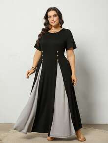 EMERY ROSE Plus Size Knit Patchwork Loose Long Dress - Multicolor - View 1