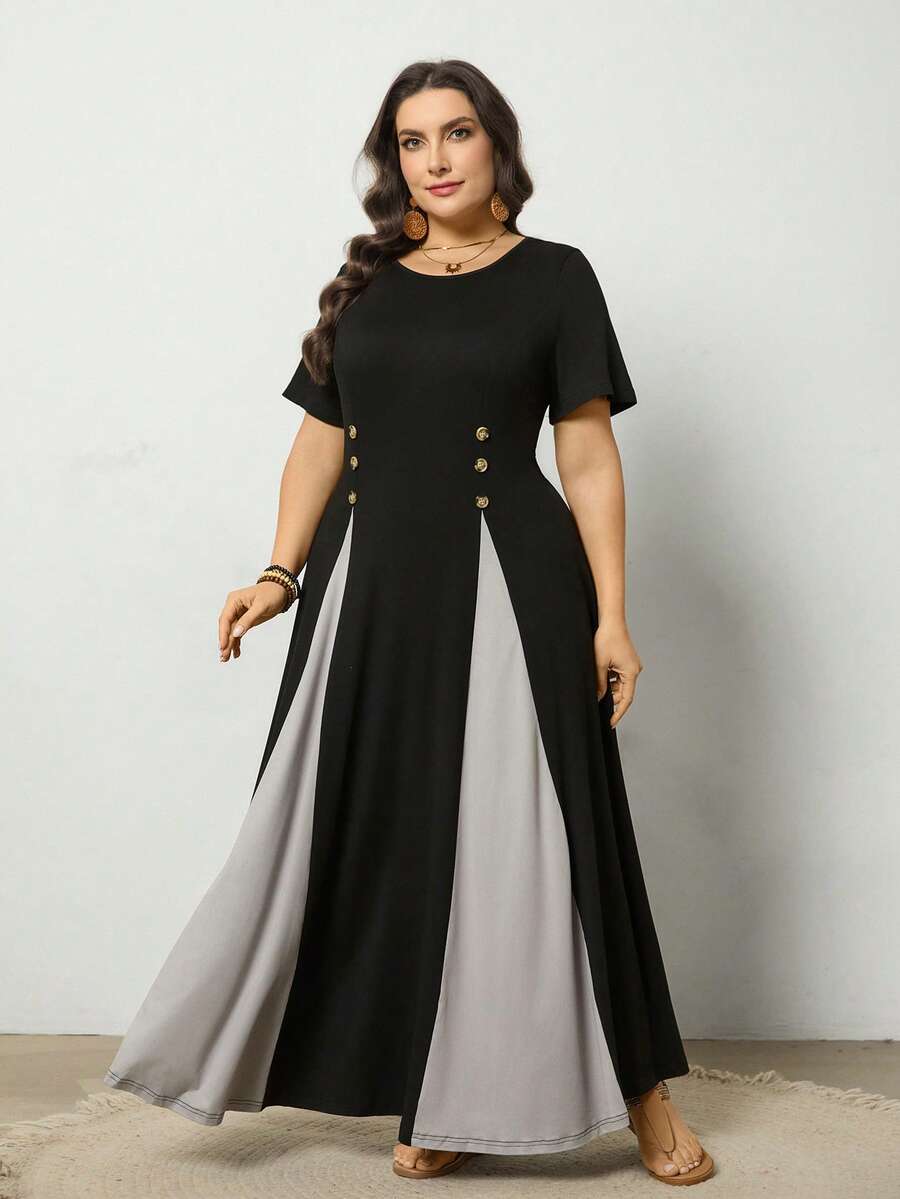 EMERY ROSE Plus Size Knit Patchwork Loose Long Dress - Multicolor - View 1
