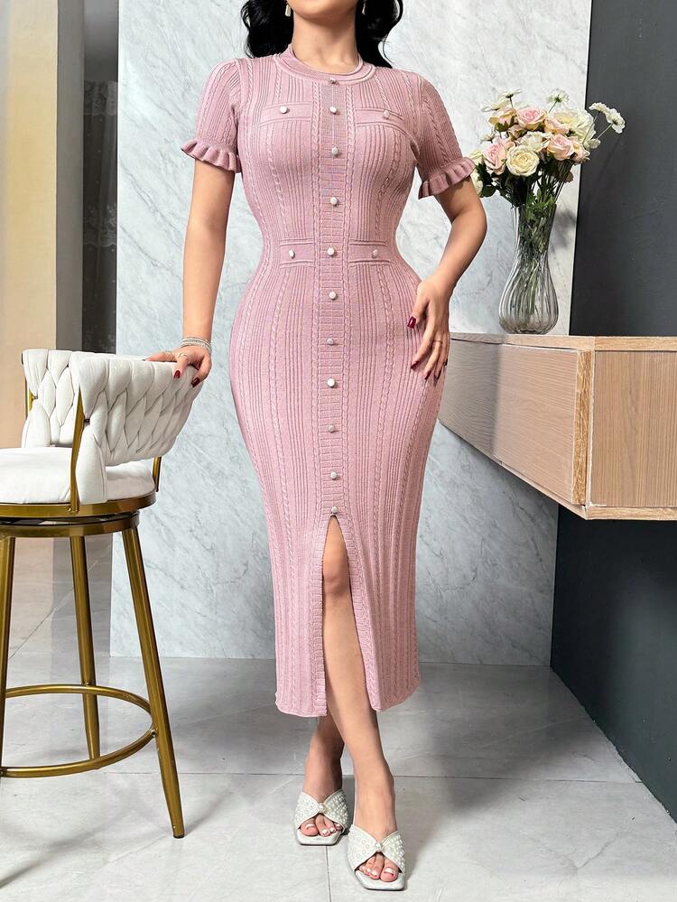 Women's Elegant Solid Color Frill Trim Snap Button Faux Pocket Sweater Dress, Spring/Summer,Wedding Guest Dress Women