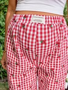 SHEIN 孕妇休闲格子草莓刺绣裤 - 紅色 - 查看 8