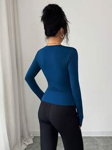 Modelyn Women's Solid Color Cutout Shoulder Long Sleeve Ruched Fitted Fashion T-Shirt Dark Blue Top Office Siren Blue Top Women Office - Black - View 2