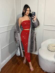 SHEIN SXY Bộ áo croptop không tay đính đá và chân váy bóng bẩy. - Đỏ - Xem 3