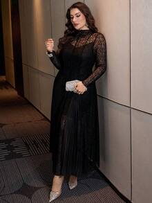 Modelyn Plus Size Women's Fashion Hollow-Out Long Sleeve Lace Round Neck Maxi Flare Hem Elegant Party Dress - Black - View 4