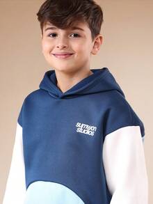 SUMWON Boys Color Block Hoodie And Sweatpants Co-Ord Set With Centre Pocket Hood Long Sleeve Casual Tracksuit Vacation - Navy Blue - View 5