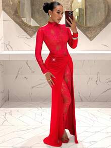 Slaydiva 2025 Autumn/Winter New Year, Valentine's Day, Party, Banquet, Date, Birthday Party, College Style, Student Wear, Daily Outfit, Basic Versatile, Casual, Cruise Travel, Viral Hit, Elegant, Commute, Business Casual, Minimalist Small Stand Collar Sheer Lace Hem Splicing Glitter Red Fabric Twist Lace Jumpsuit Dress, Party Mini Dress, Autumn/Winter Women Dress - Red - View 1