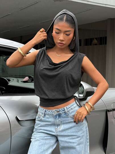 Muchica 深灰色针织女式休闲连帽抽绳背心